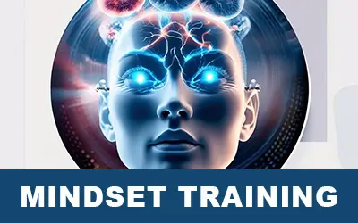 Digital illustration of a human head with glowing blue eyes and neural connections, labeled 'Mindset Training'.