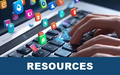 Close-up of a hand typing on a keyboard with colorful app icons floating above it.