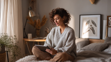 Woman with curly hair sitting on a bed, reading a tablet in a softly lit room.
