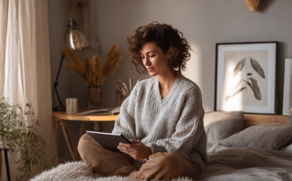 Woman with curly hair sitting on a bed, reading a tablet in a softly lit room.