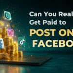 Laptop displaying social media icons and stacks of coins emerging from the screen.