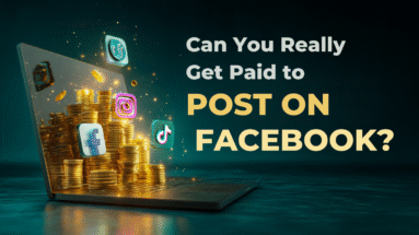 Laptop displaying social media icons and stacks of coins emerging from the screen.