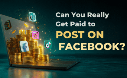 Laptop displaying social media icons and stacks of coins emerging from the screen.