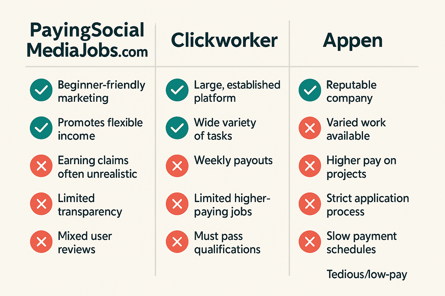 Comparison chart displaying features of PayingSocialMediaJobs, Clickworker, and Appen.
