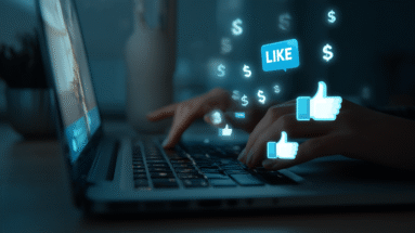 Hands typing on a laptop keyboard with floating social media icons and dollar signs above.