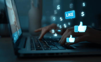 Hands typing on a laptop keyboard with floating social media icons and dollar signs above.