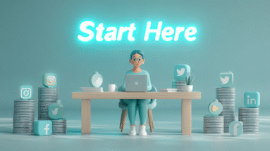 3D illustration of a young person sitting at a desk with a laptop and social media icons around them.