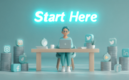 3D illustration of a young person sitting at a desk with a laptop and social media icons around them.
