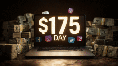 Laptop screen showing '$175 DAY' text with social media icons in front of stacks of cash.