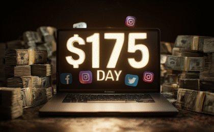 Laptop screen showing '$175 DAY' text with social media icons in front of stacks of cash.