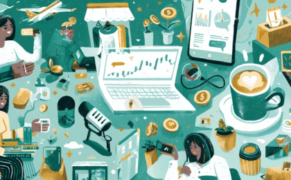 Collage featuring various elements related to side hustles, including a laptop, coffee cup, and financial charts.