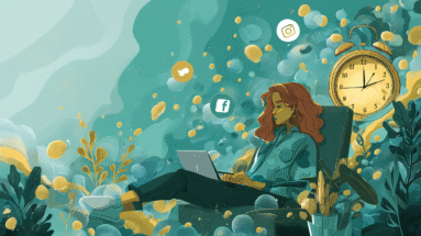 Illustration of a person with curly hair using a laptop while sitting in a chair surrounded by abstract shapes and social media icons.