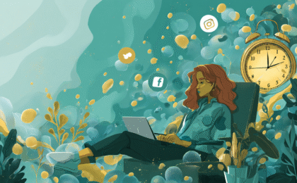 Illustration of a person with curly hair using a laptop while sitting in a chair surrounded by abstract shapes and social media icons.