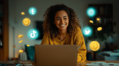 A smiling woman with curly hair sitting at a desk with a laptop, surrounded by social media icons and coins.