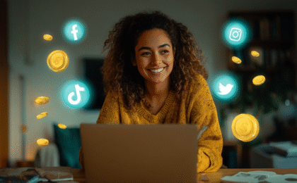 A smiling woman with curly hair sitting at a desk with a laptop, surrounded by social media icons and coins.