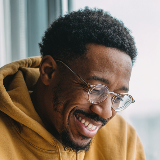 Smiling Black Man in Yellow Hoodie Using Smartphone Black man in a yellow hoodie smiling while looking at his smartphone indoors.