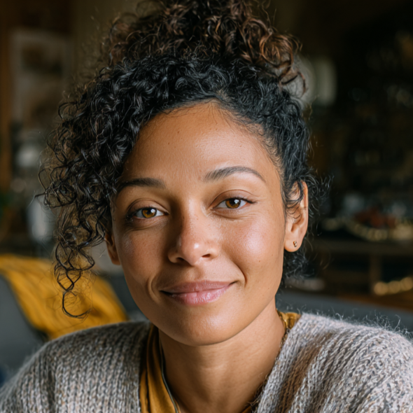 Smiling Black Woman with Curly Hair Smiling Black woman with curly hair wearing a cozy sweater, looking directly at the camera.