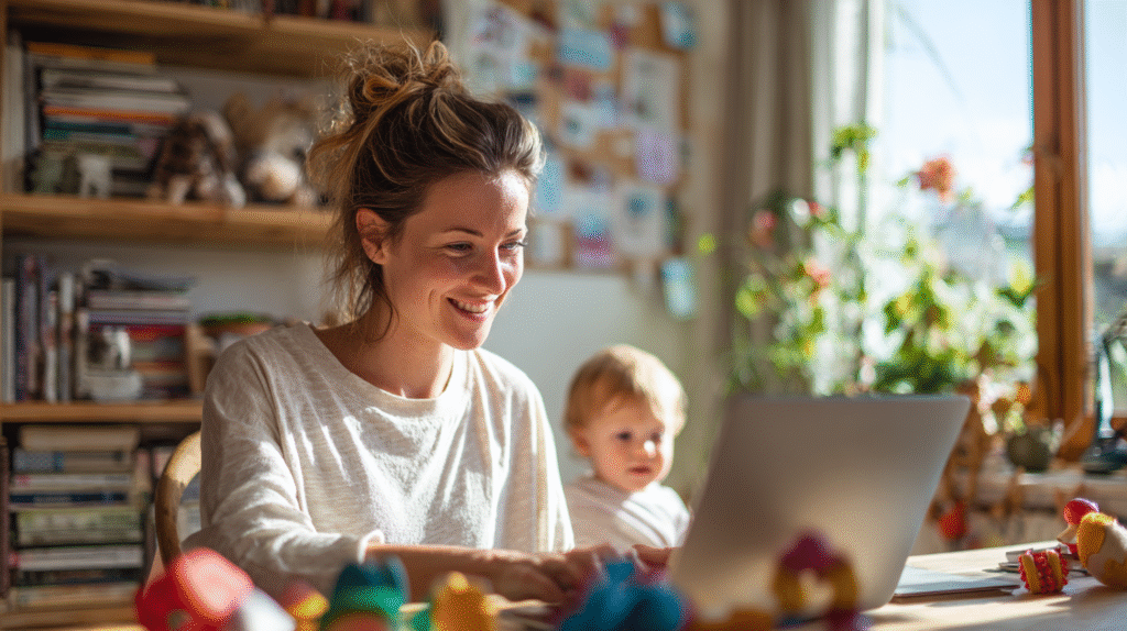 Young woman smiling while using a laptop with a toddler sitting beside her in a home setting.