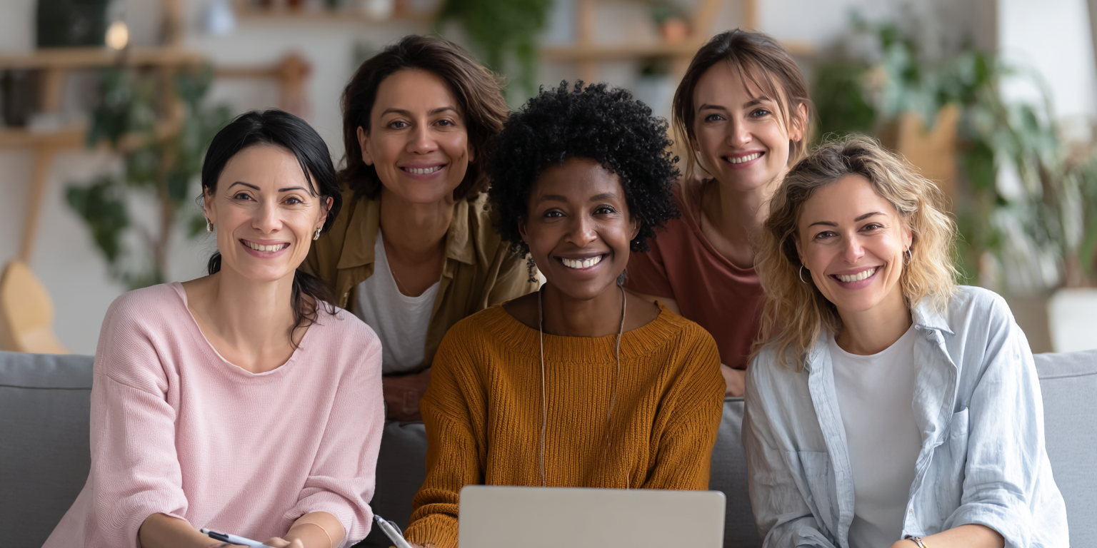 Group of Diverse Women in Casual Clothing Group of five diverse women smiling while sitting together with a laptop in front of them.