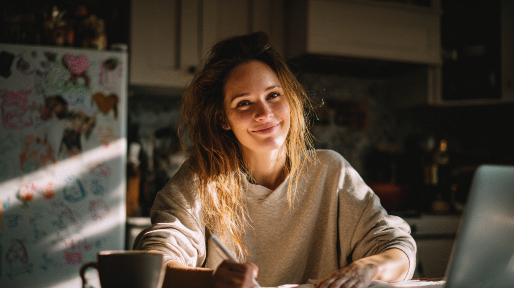 Woman with long hair smiling while journaling at a table with a laptop and a cup.