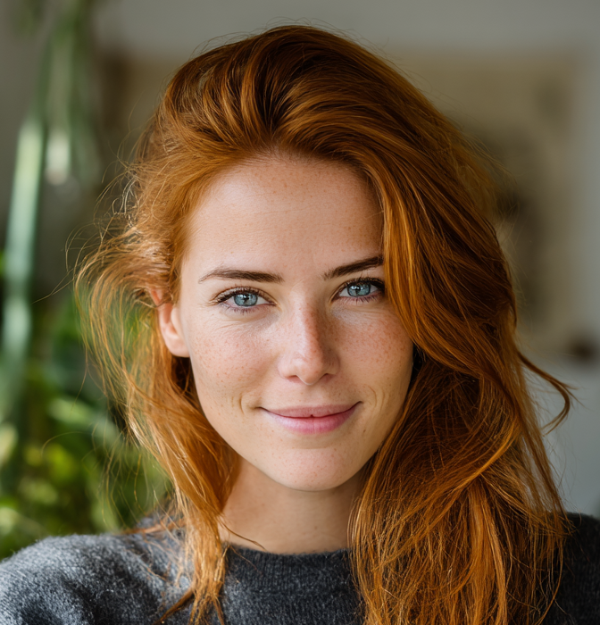 Red-haired woman holding a coffee cup Red-haired woman in her 30s holding a coffee cup while smiling at the camera.