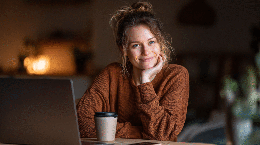 Woman with curly hair smiling while resting her chin on her hand next to a laptop and a coffee cup.