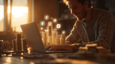 Young man in casual clothing working on a laptop with stacks of money and social media icons around him.