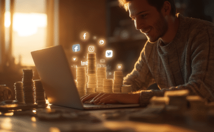 Young man in casual clothing working on a laptop with stacks of money and social media icons around him.
