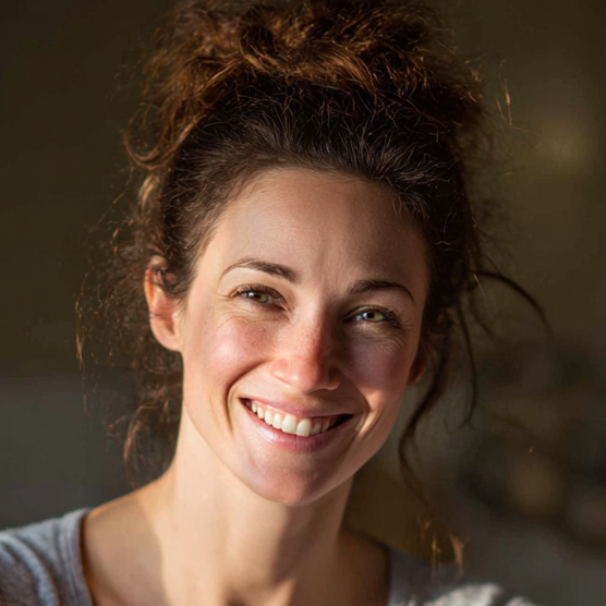 Smiling Young Woman with Curly Hair Smiling young woman with curly hair and a light gray top, looking directly at the camera.