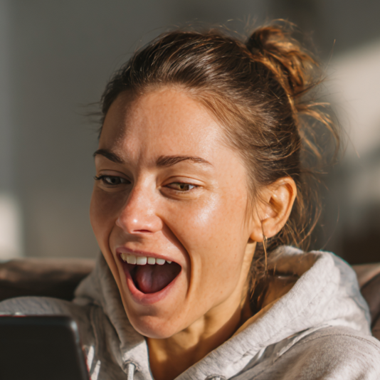 Surprised Happy Woman Checking Phone A woman with a surprised expression looking at her phone, wearing a gray hoodie.