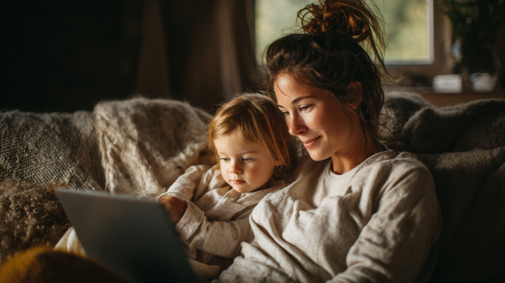 Young mother sitting on a couch with a toddler, both looking at a laptop screen.