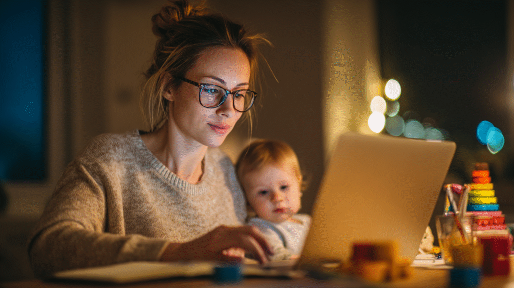 Young mother sitting with a child while using a laptop at night.