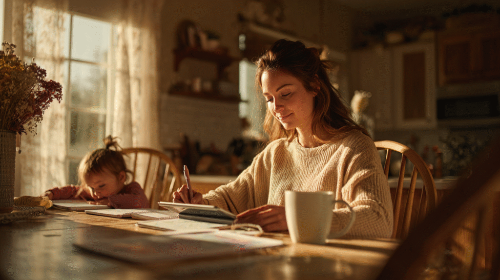 Young woman sitting at a kitchen table, using a tablet while a child plays nearby.